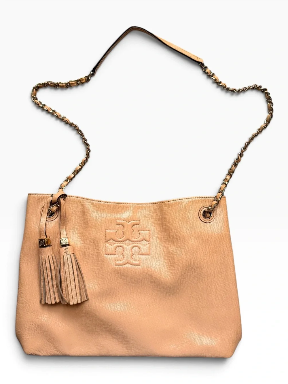 Tory Burch Thea Pebbled Leather Chain Slouchy Tote in Tan